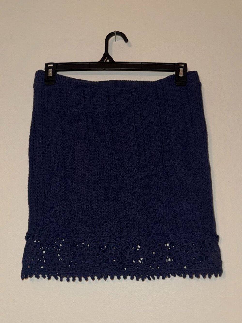 Navy Blue Crochet Knit Mini Skirt with Lace Hem